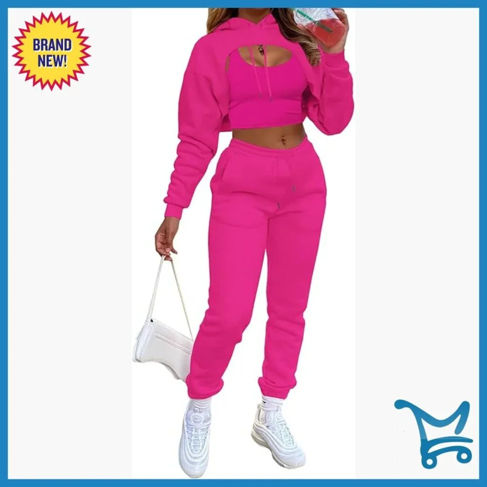 Medium Polyester 3-Piece Tracksuit Set with Crop Hoodie and Joggers